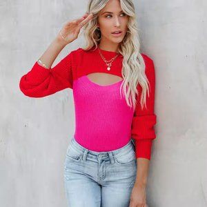 NEW- ROZIE COLORBLOCK CROP KNIT CUTOUT SWEATER - RED PINK